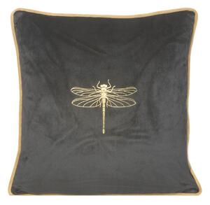Krásna čierna zamatová obliečka na vankúš s motívom zlatej vážky 45 x 45 cm Čierna