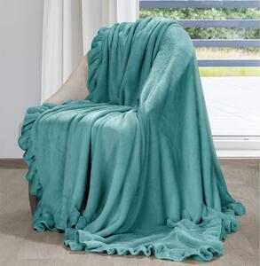 Krásna tyrkysová jemná deka s ozdobným volánom 150 x 200 cm Tyrkysová