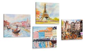 Set obrazov maľované mestá v pastelových farbách