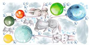 Farebná nálepka do detskej izby zajačikovia na balónoch 60 x 120 cm