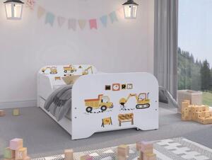 Detská posteľ pre chlapcov 140 x 70 cm s bagrom a nákladným autom Biela