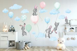 Modrá nálepka na stenu do detskej izby lietajúci zajaci s balónmi 80 x 160 cm