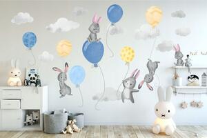 Veľká nálepka na stenu modro žltá zajačikova a balóny 100 x 200 cm