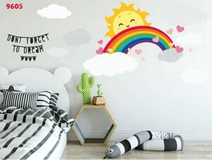 Veselá farebná detská nálepka na stene s pozitívnym motívom slniečka a dúhy