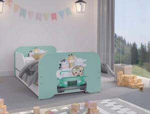 Nádherná detská posteľ 160 x 80 cm s mentolovým čelom a safari zvieratkami Biela