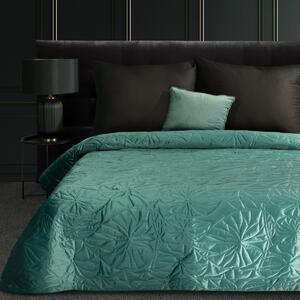 Luxusný zelený zamatový prehoz na posteľ s ľaliou prešívaný metódou hot press Zelená
