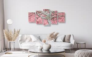 5-dielny obraz abstraktný strom na dreve s ružovým kontrastom