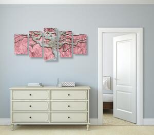 5-dielny obraz abstraktný strom na dreve s ružovým kontrastom