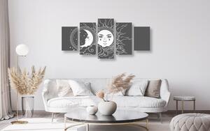 5-dielny obraz čiernobiela harmónia slnka a mesiaca