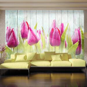 Fototapeta tulipány na dreve - Tulips on white wood