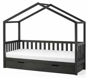 Antracitová domčeková detská posteľ z borovicového dreva s výsuvným lôžkom a úložným priestorom 90x200 cm DALLAS – Vipack