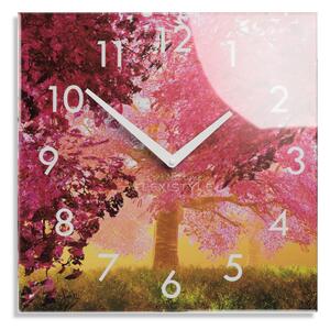 Dekoračné sklenené hodiny 30 cm s motívom rozkvitnutého stromu Ružová