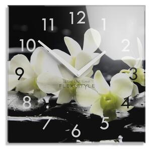 Dekoračné sklenené hodiny 30 cm s bielou orchideou Čierna