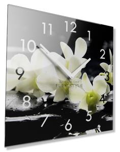 Dekoračné sklenené hodiny 30 cm s bielou orchideou Čierna