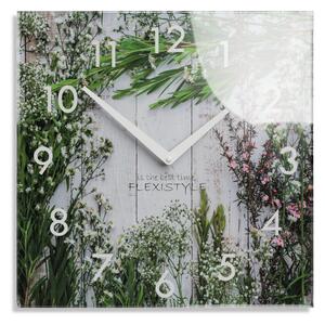 Dekoračné sklenené hodiny 30 cm s motívom lúčnych kvetov Zelená