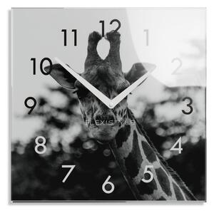 Dekoračné čierno biele sklenené hodiny 30 cm s motívom žirafy Čierna