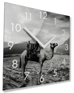 Dekoračné čierno biele sklenené hodiny 30 cm s motívom ťavy Čierna