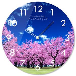 Okrúhle sklenené hodiny 30 cm s motívom kvitnúcich stromov Fialová