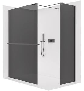 CERANO - Sprchová zástena Walk-in Onyx TL/P - 8 mm - hranatá vzpera + polička/držiak na uteráky - čierna matná, grafitové sklo - 100x100x200 cm