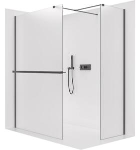 CERANO - Sprchová zástena Walk-in Onyx TL/P - 8 mm - hranatá vzpera + polička/držiak na uteráky - čierna matná, mliečne sklo - 140x90x200 cm