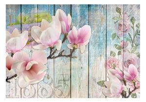 Fototapeta ružové kvety vo vintage štýle - Pink Flowers on Wood - 100x70