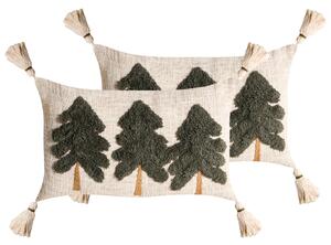 Sada 2 dekoratívnych vankúšov béžová zelená bavlna so strapcami vianočný motív 30 x 50 cm obdĺžnikový tvar Vianoce doplnky obývačka spálňa