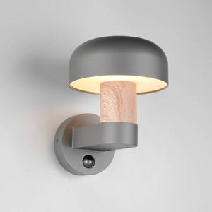 Vonkajšie nástenné svietidlo Fraser Sensor, sivá/drevený vzhľad, hliník IP54 E27, Svetlé drevo, Hliník, Nástenné svietidlo