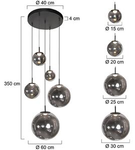 LED závesné svietidlo Bollique, 5-pl. okrúhle, čierne, sklo, Hliník / sivá / zinok, Obývacia izba / jedáleň, Sklo, Závesné svietidlo
