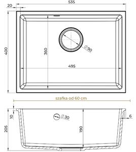 Sink Quality Crypton 60, kuchynský granitový drez 535x400x205 mm + čierny sifón, čierna, SKQ-CRY.C.1KBO.60.XB