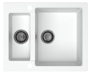 Sink Quality Ferrum, kuchynský granitový drez 605x495x210 mm + čierny sifón, biela, SKQ-FER.W.5KBO.XB