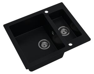 Sink Quality Ferrum, kuchynský granitový drez 605x495x210 mm + čierny sifón, čierna, SKQ-FER.C.5KBO.XB