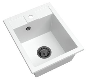 Sink Quality Ferrum 40, kuchynský granitový drez 400x500x195 mm + čierny sifón, biela, SKQ-FER.W.1K40.XB