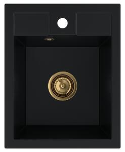 Sink Quality Ferrum 40, kuchynský granitový drez 400x500x195 mm + zlatý sifón, čierna, SKQ-FER.C.1K40.XG