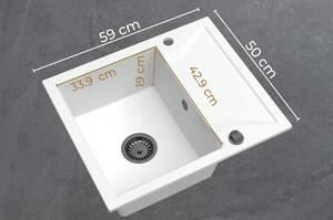 Sink Quality Obsidian, kuchynský granitový drez 590x500x210 mm + chrómový sifón, biela, SKQ-OBS.W.1KKO.X