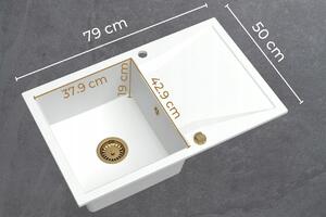 Sink Quality Obsidian, kuchynský granitový drez 790x500x210 mm + zlatý sifón, biela, SKQ-OBS.W.1KDO.XG