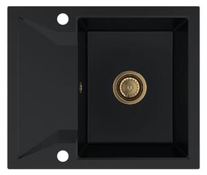 Sink Quality Obsidian, kuchynský granitový drez 590x500x210 mm + zlatý sifón, čierna, SKQ-OBS.C.1KKO.XG