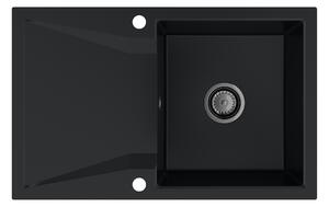 Sink Quality Obsidian, kuchynský granitový drez 790x500x210 mm + čierny sifón, čierna, SKQ-OBS.C.1KDO.XB