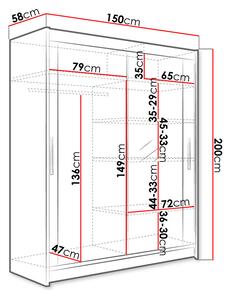 Zrkadlová šatníková skriňa 150 cm ELADIO 6 - biela