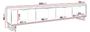 Široký TV stolík na nôžkach OVERTON - 200 cm, biely