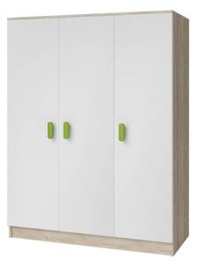 Trojdverová šatníková skriňa do detskej izby Sven, biela + dub sonoma, úchytky - šírka 120 cm, zelená
