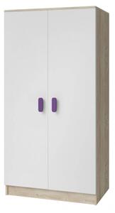 Dvojdverová šatníková skriňa do detskej izby Sven, biela + dub sonoma, úchytky - šírka 80 cm, fialová