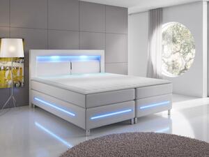 Boxspringová manželská posteľ s LED osvetlením 140x200 GALWAY - biela ekokoža + topper ZDARMA