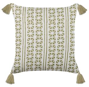 Dekoratívny vankúš zelená biela bavlna 45 x 45 cm geometrický vzor bloková potlač so strapcami boho moderný štýl doplnky