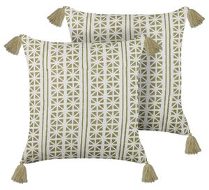 Sada 2 dekoratívnych vankúšov zelená biela bavlna 45 x 45 cm geometrický vzor bloková potlač so strapcami boho moderný štýl doplnky