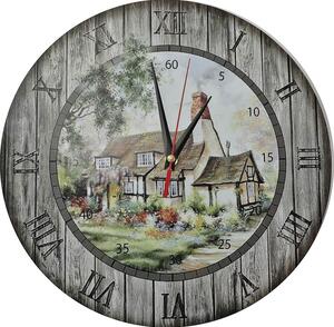 Nástenné hodiny z dreva - Chalúpka, kruh Fi: 30cm HORNET