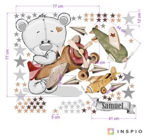 INSPIO-textilná prelepiteľná nálepka - Nálepka na stenu pre chlapcov - Macko s lietadlom a hviezdy do detskej izby
