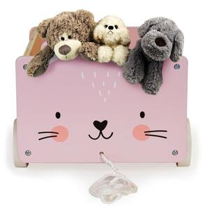 Drevený úložný box na šnúrke s kolieskami a motívom ružovej mačičky Ružová