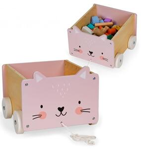 Drevený úložný box na šnúrke s kolieskami a motívom ružovej mačičky Ružová
