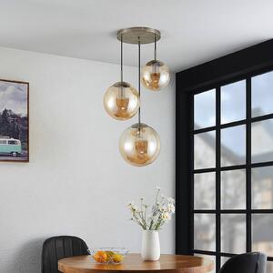 Lindby Teeja závesná lampa, 3 sklenené gule jantár