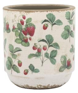 Krémový antik keramický obal na kvetináč s jahôdkami Fraises - Ø 13*13 cm - Chic Antique